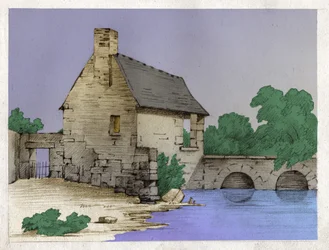 Peasant house on the edge of a river. circa 1830