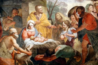 Santa Maria delle Vigne basilica. Nativity scene. Painting. Genoa. Italy.