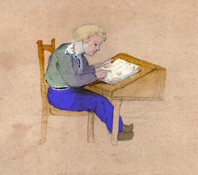 Schoolboy at Work on His Desk