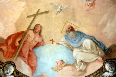 Udine cathedral. Holy Trinity. The Father, Jesus and Holy Spirit. Painting. Italy.