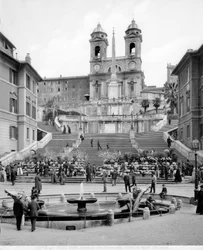 View of Piazza di Spagna: In the Foreground There is the Fontana della Barcaccia, Beyond the Staircase an Obelisk and the Church of Trinità dei Monti
