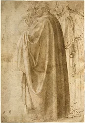 Three Standing Men in Wide Cloaks Turned to the Left