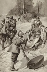 The Pilgrim Fathers strike the sand and find corn