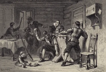 Puritans Barricading Their House Against Indians