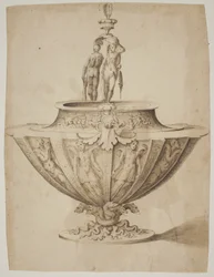 A magnificent bowl with figures and marine scenes on a base encircled by snakes