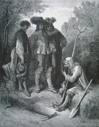 Illustration for The Old Man and the Three Young Men, from Fables by Jean de La Fontaine