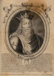 Chlodio, called "the Long-Haired" (428-448), ancestor of the Merovingians and chief of the Salian Franks. Engraving from "August Representations of All the Kings of France from Pharamond Onwards".