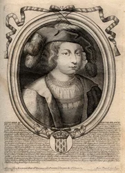 Portrait of Clothaire III (652 - 673), King of Neustria and Burgundy - Chlothar III or Clotaire III, King of the Franks from the house of the Merovingians - engraving from 