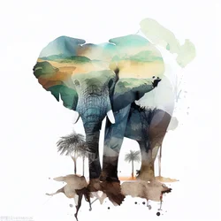 Watercolor Elephant and African Savanna