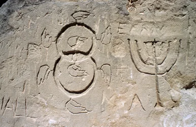 Engravings (seven-branched candelabrum or menorah), near Church in Rock (cave church of Agia Agathi), near Haraki (Charaki), Rhodes island, Greece