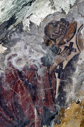 Figure of saint with crosses, fresco in Byzantine church in Prodromi, Crete, Greece