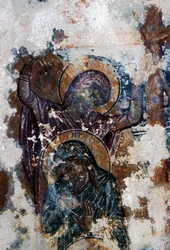 Saints, damaged fresco in Byzantine church of Agios Constantinos and Agia Eleni, Voukolies, Crete, Greece