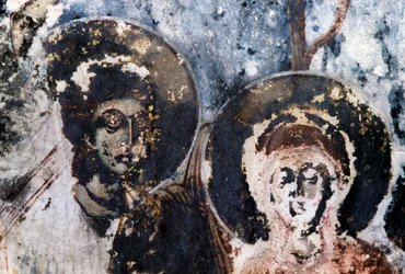 Saints, damaged fresco in church of Agios Vasileios, Vavouledo, Crete, Greece