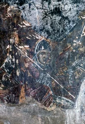 Soldier, damaged fresco on ceiling of church of Agios Vasileios, Vavouledo, Crete, Greece