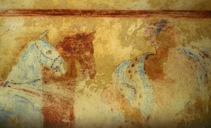 Funeral Procession with Horses and Male Figures, Fresco, Detail, Tomb of the Blue Demons, Necropolis of Tarquinia, Lazio, Italy, Etruscan Civilization, 5th Century BC