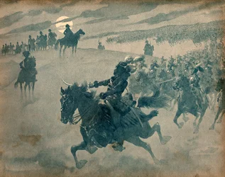Allegory of Joachim Murat passing with his cavalry before Napoleon I Bonaparte. Engraving by Jacques Marie Gaston Onfray de Breville