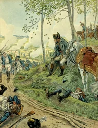 Campaign of Italy (1799-1800): Napoleon I Bonaparte (1769-1821) at the Battle of Marengo on 14 June 1800 in Piedmont (Italy), between the Napoleonic and Austrian armies. Illustration by Jacques Marie Gaston Onfray de Bréville, known as JOB (1858-1931).