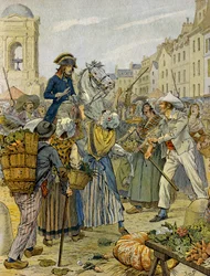 French Revolution 1789: Napoleon I Bonaparte took sides by the revolutionary populace in Les Halles. Illustration by Jacques Marie Gaston Onfray de Breville dit JOB. Private Collection