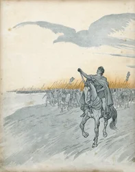 Gaul War: Gaius Julius Caesar and his army invade Gaul. The shadow of an eagle, symbol of the Roman Empire, appears in the sky. in 