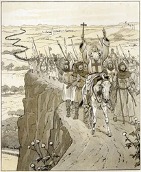 God wants it: Words of the crowd who followed Peter the Hermit, French religious of the 11th century, preaching the deliverance of the holy places on the road to Jerusalem. Illustration of Job (Jacques Marie Gaston Onfray de Breville)