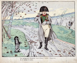 Grognards (Old Guard of Napoleon Bonaparte) trained their dogs to salute the Emperor - lithograph by Job (Jacques Onfroy de Bréville) from “Le Grand Napoléon des Petites Enfants”, 1893