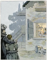 Henry IV (1553-1610) and the chicken in the pot: the king observes the meal of a peasant family and wants to improve their living conditions thanks to the chicken in the pot. In “France, its history told by G. Montorgueil, illustrated by Job”, 1896.