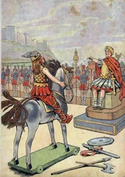History of France. Scene of Roman Gaul with Toys: Gallic Leader Vercingetorix Going to Roman Chief Julius Caesar After the Battle of Alesia in 52 BC