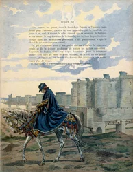 The King of France Louis XI called the Prudent walks through the streets of Paris and in front of the Bastille prison