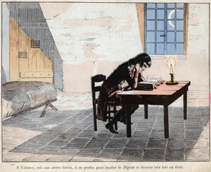 Napoleon studies the Digest in Valencia prison - lithograph by Job (Jacques Onfroy de Breville) from 