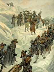 Italian Campaign: passage of the Saint Bernard pass into the Alps by the army of Napoleon I Bonaparte on 20 May 1800. Illustration by Jacques Marie Gaston Onfray de Breville dit JOB