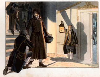 Joachim Murat fled from his palace in Naples on the night of 19 to 20 May 1815 to return to France after his defeat to the Austrians (Engraving)