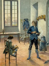 Napoleon I Bonaparte in garrison at Auxonne with his brother Louis Bonaparte reading between 1788 and 1789. Illustration by Jacques Marie Gaston Onfray de Breville dit JOB
