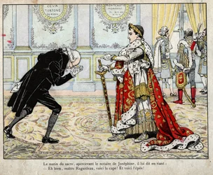 Napoleon and notary Raguideau, morning of coronation 1804 (lithograph by Job from Le Grand Napoleon des Petites Enfants)