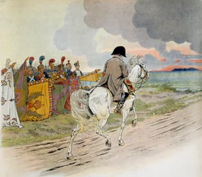 Napoleon passing in front of his troops on horseback when he left in Exile on the island of Elba. Illustration by Jacques Marie Gaston Onfray de Breville dit JOB