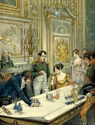 Repetition of the defile during the sacred by the painter Isabey (1767-1855) in the presence of Josephine de Beauharnais (1763-1814) and Napoleon I Bonaparte (1769-1821) in the castle of Fontainebleau. Illustration by Jacques Marie Gaston Onfray de Brevill
