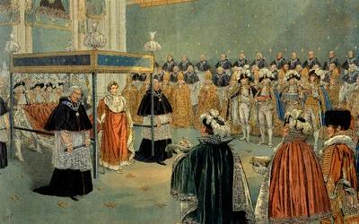 Representation of the sacre of Napoleon I (1769-1821) at the cathedrale Notre Dame de Paris 02/12/1804 Illustration by Jacques Marie Gaston Onfray de Breville dit Job (1858-1931) Collection Particuliere