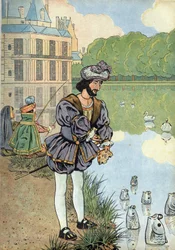Scene of the history of France in toys: the King of France Francois I gives bread to the fish of the park of Fontainebleau - In 