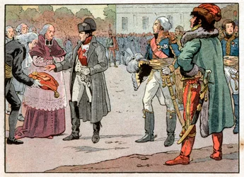 The defenders of Vienna handed over to Napoleon I Bonaparte the keys of the city in the presence of Joachim Murat on 14/11/1805. Engraving by Jacques Marie Gaston Onfray de Breville