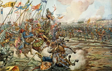 The Battle of Grandson between the Burgundians and the Swiss at Grandson, Switzerland on March 2, 1476. Illustration by Jacques Marie Gaston Onfray de Breville dit JOB